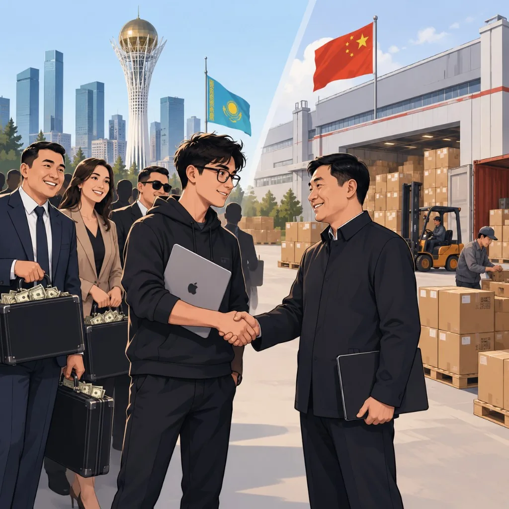 Qazentra与中国制造商合作示意图:哈萨克斯坦客户与数字销售能力,中国侧生产与货源